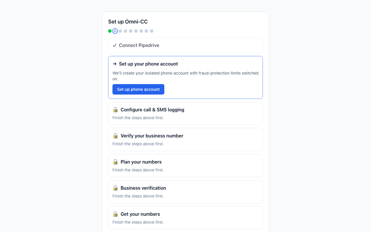 [real screenshot, dev build] The setup checklist right after connecting Pipedrive — each step unlocks the next.